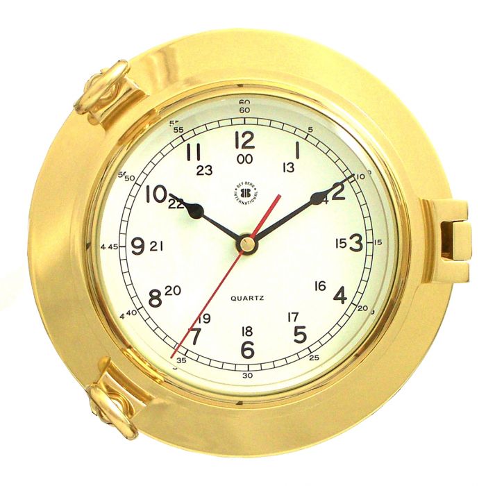 Lacquered Brass Porthole  Quartz Clock with Beveled Glass