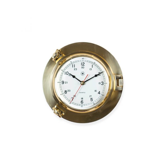 Lacquered Brass Porthole  Quartz Clock with Beveled Glass